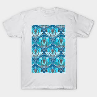 Art Deco Lotus Rising - black, teal & turquoise pattern T-Shirt